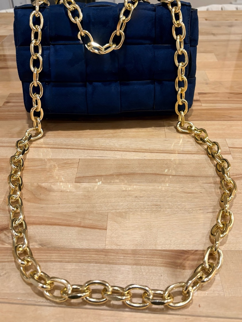 Bottega Veneta Navy Quilted Shoulder Bag with Gold Chain